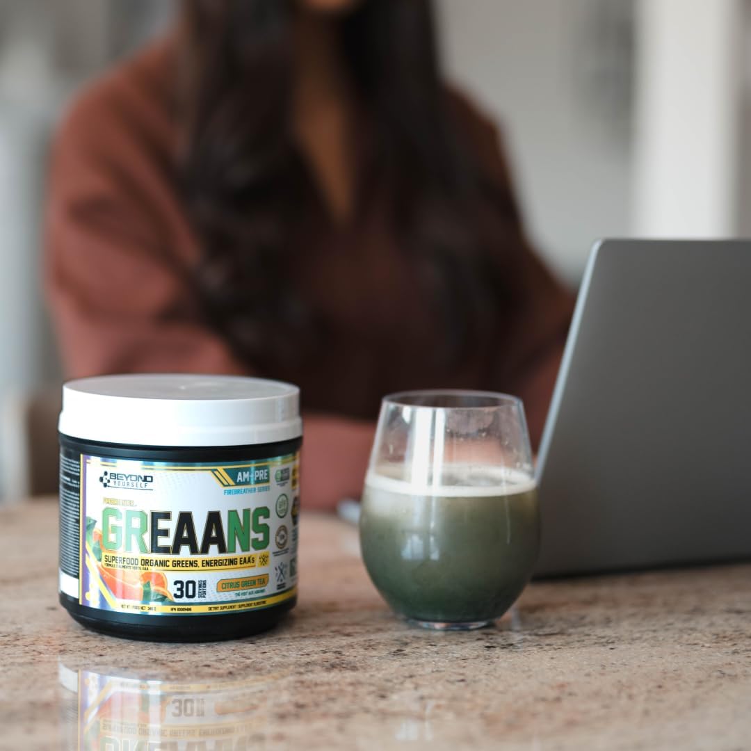 Beyond Yourself - Greaans Superfood Greens and EAA Blend | 4000Mg Organic Superfood, 2625Mg Vegan Eaas | Sugar-Free, Zero Calories, No Synthetic Additives | Optimizes Health, Performance, and Recovery | Tangy Peach Ringz