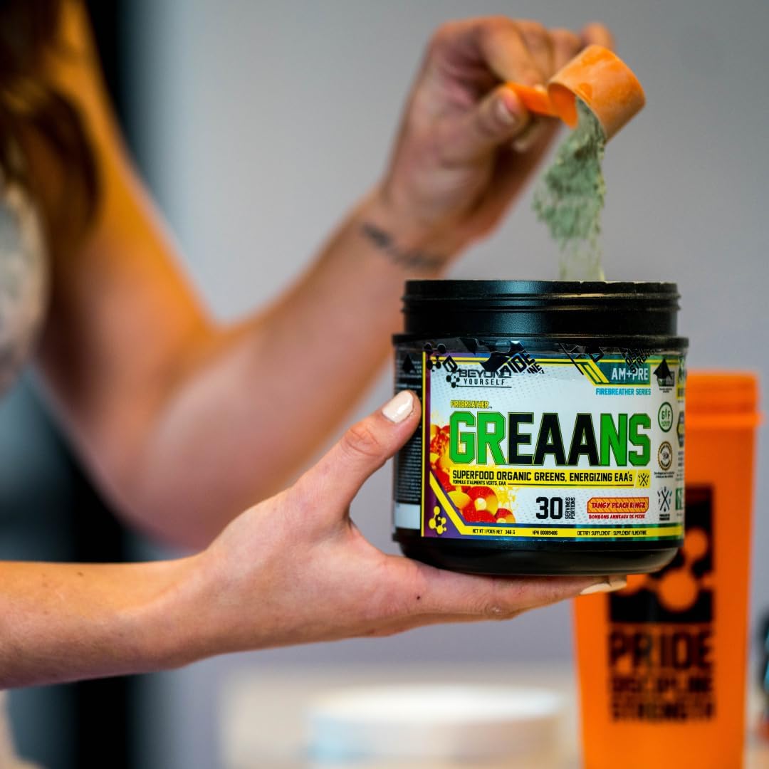 Beyond Yourself - Greaans Superfood Greens and EAA Blend | 4000Mg Organic Superfood, 2625Mg Vegan Eaas | Sugar-Free, Zero Calories, No Synthetic Additives | Optimizes Health, Performance, and Recovery | Tangy Peach Ringz