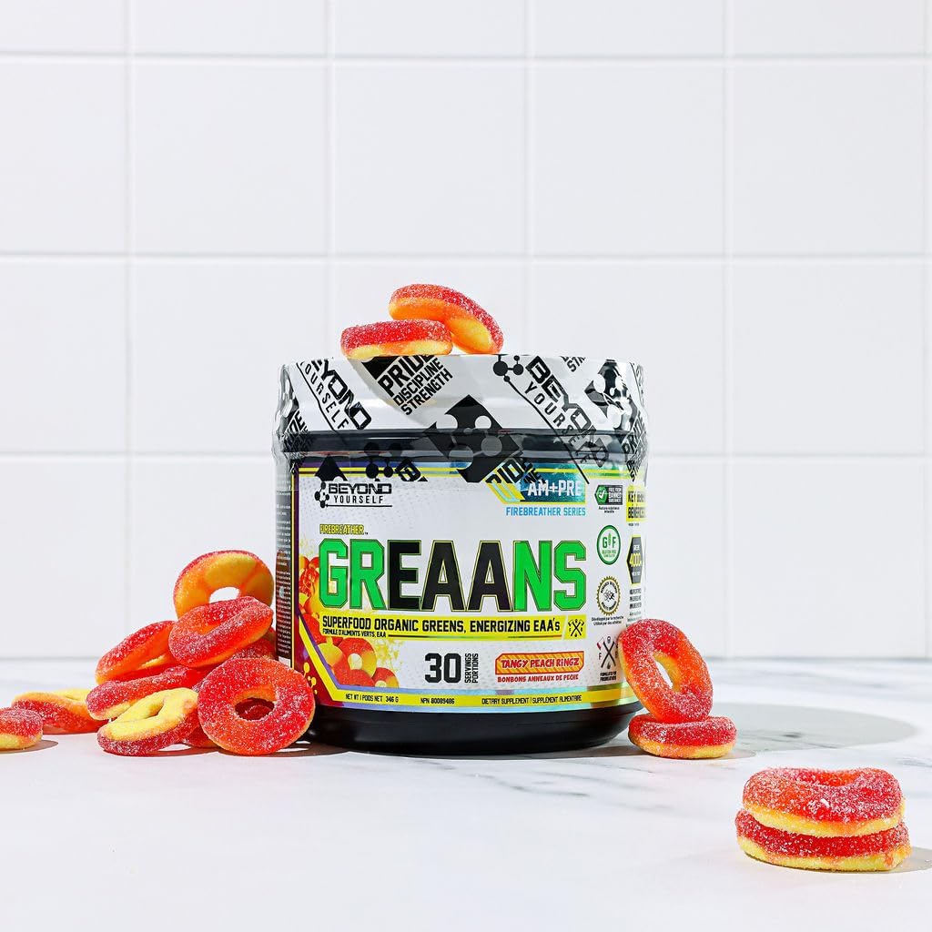 Beyond Yourself - Greaans Superfood Greens and EAA Blend | 4000Mg Organic Superfood, 2625Mg Vegan Eaas | Sugar-Free, Zero Calories, No Synthetic Additives | Optimizes Health, Performance, and Recovery | Tangy Peach Ringz