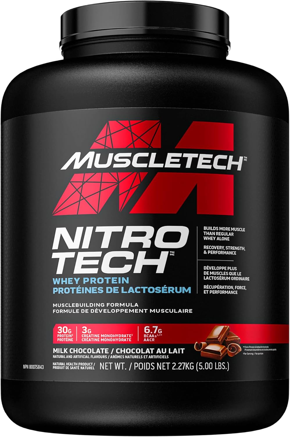 Muscletech Whey Protein Powder - Nitro-Tech Ultimate Muscle Building Formula with Whey Protein Isolate & Peptides - 30G of Protein, 3G of Creatine & 6.8G of BCAA - 5 Pound (Pack of 1)