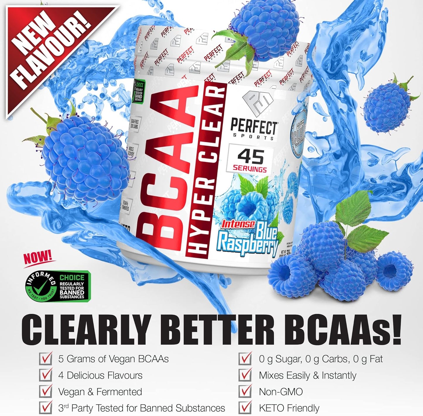 PERFECT Sports BCAA Hyper Clear, 5G Vegan Bcaas, Sugar-Free, Zero Carbs, Gluten Free, Keto-Approved, Intra Workout, Post Workout for Endurance & Recovery - (45 Servings, 306G)