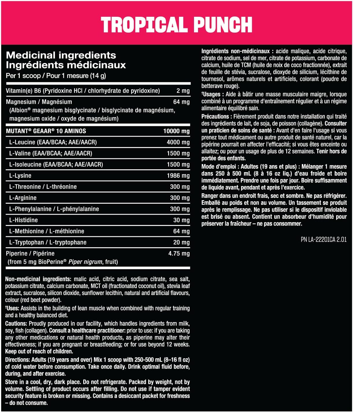 MUTANT GEAAR - Complete Essential Amino Acids | 10G Eaas + Arginine | Vegan | Electrolytes | No Synthetic Colors or Flavours | Muscle Recovery & Hydration | 420G | 30 Serves | Tropical Punch