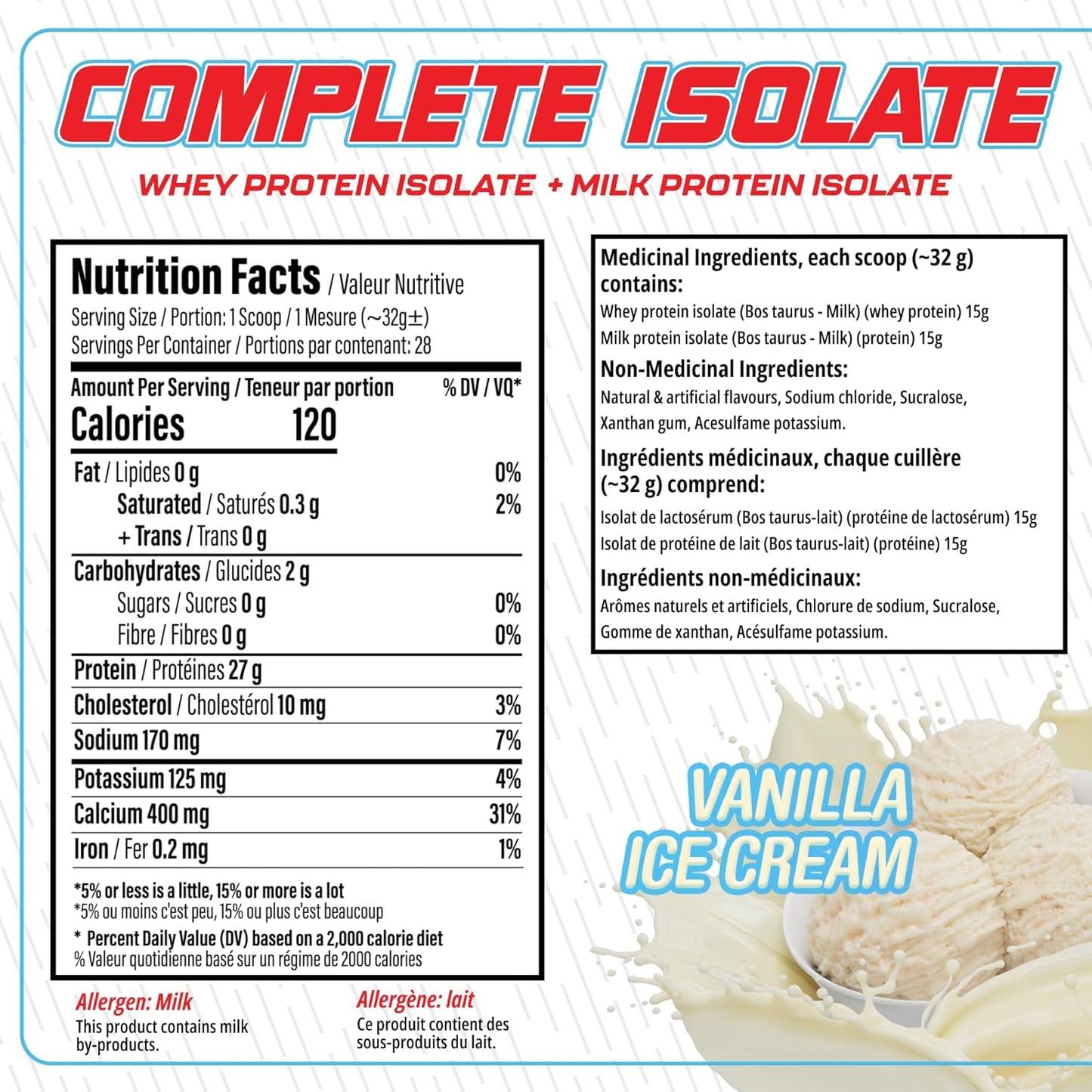 Complete Isolate Whey Protein Isolate + Milk Protein Isolate Powder - 27G Protein, Zero Fat or Sugar, Build Muscle, Improve Recovery, Whey Protein Powder, Regularly Tested & Verified, Vanilla Ice Cream, 28 Serv (2Lb)