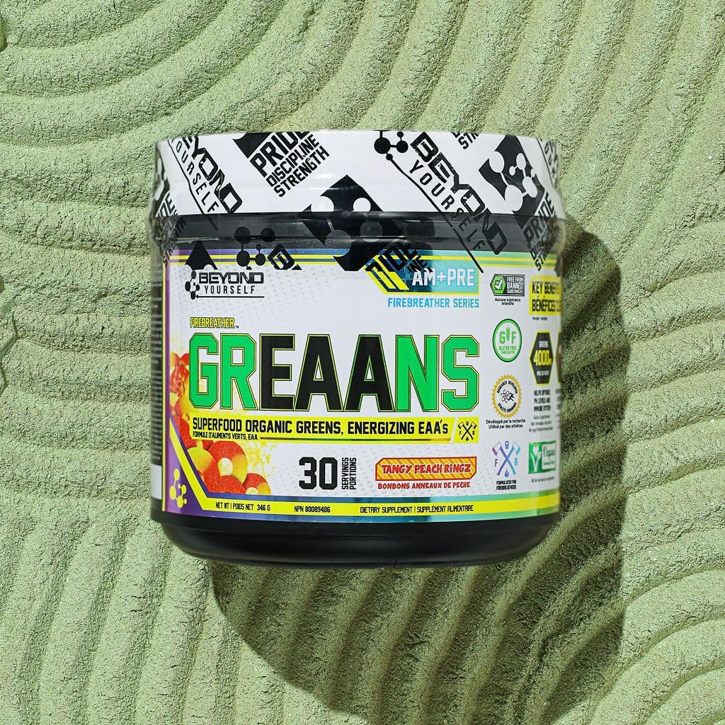 Beyond Yourself - Greaans Superfood Greens and EAA Blend | 4000Mg Organic Superfood, 2625Mg Vegan Eaas | Sugar-Free, Zero Calories, No Synthetic Additives | Optimizes Health, Performance, and Recovery | Tangy Peach Ringz