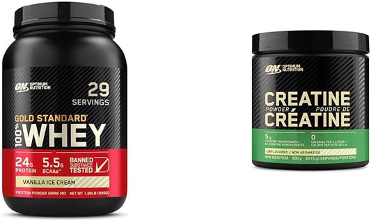 Optimum Nutrition Strength & Recovery Pack: Gold Standard 100% Whey Protein Powder 2LB Vanilla & Optimum Nutrition Creatine Monohydrate Micronized Powder 300G