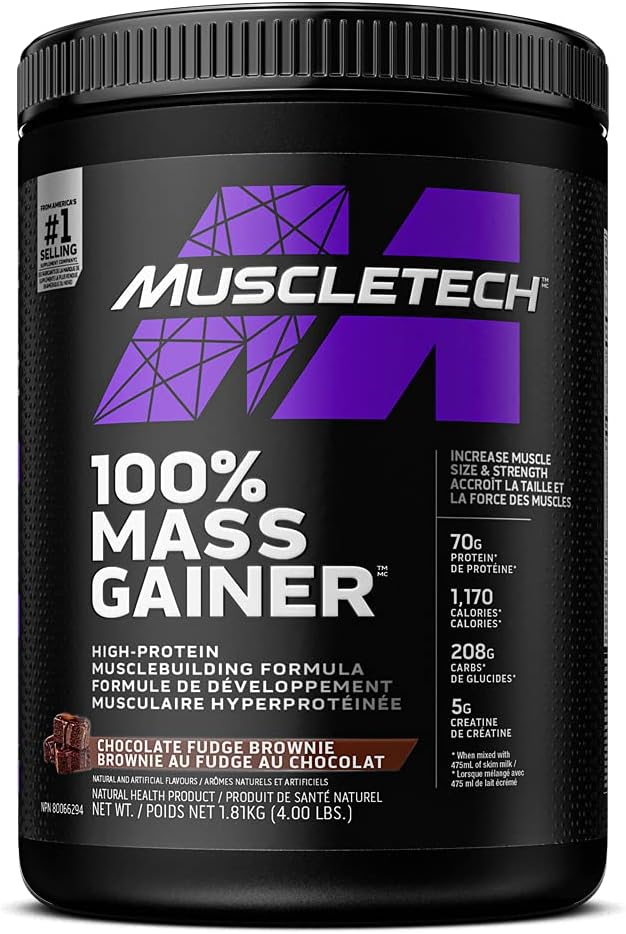 Muscletech Mass Gainer, Muscletech 100% Mass Gainer Protein Powder, Protein Powder for Muscle Gain, Whey Protein + Muscle Builder, Weight Gainer Protein Powder, Creatine Supplements, Chocolate Fudge Brownie, 4 Pounds