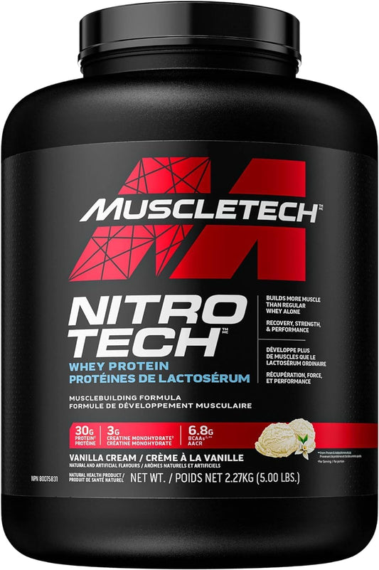 Muscletech Whey Protein Powder - Nitro-Tech Ultimate Muscle Building Formula with Whey Protein Isolate & Peptides - 30G of Protein, 3G of Creatine & 6.8G of BCAA -  5 Pound (Pack of 1)