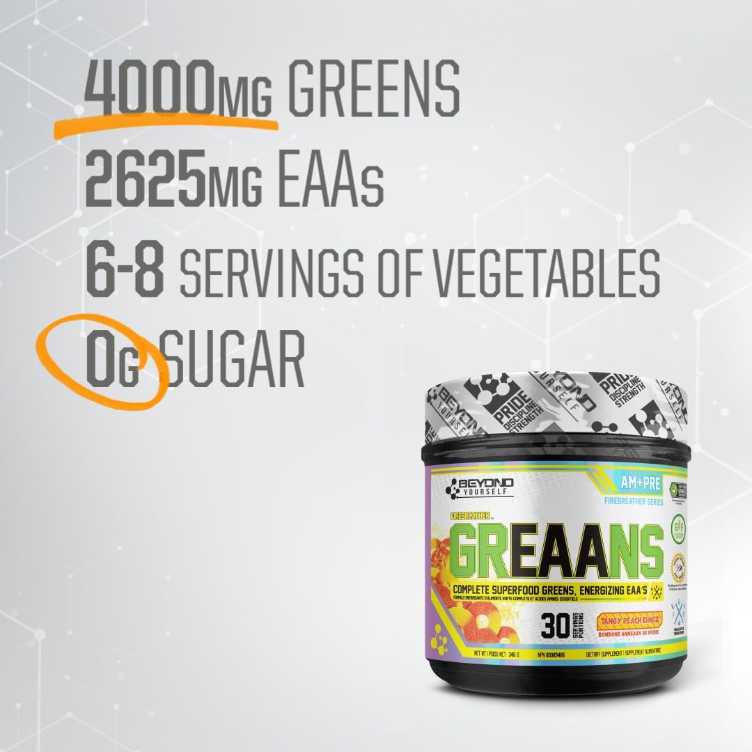 Beyond Yourself - Greaans Superfood Greens and EAA Blend | 4000Mg Organic Superfood, 2625Mg Vegan Eaas | Sugar-Free, Zero Calories, No Synthetic Additives | Optimizes Health, Performance, and Recovery | Tangy Peach Ringz