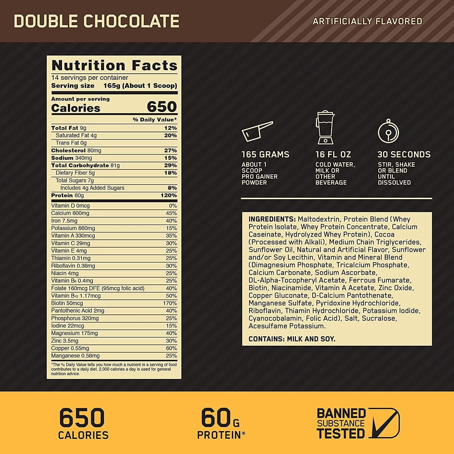 Gold Standard Pro Gainer | High Protein Weight Gainer Powder | 650 Calories, 60G Protein, 82G Carbohydrates | Mass Gainer & Source Vitamins & Minerals | 14 Servings, 5.09LB (Double Chocolate)
