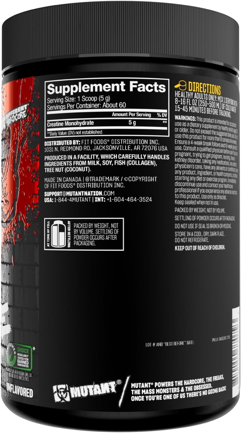 Mutant Creatine - Creatine Monohydrate Micronized Powder - Creatine Powder Supplement for Enhanced High-Intensity Performance - 60 Servings- 300 G - Unflavoured