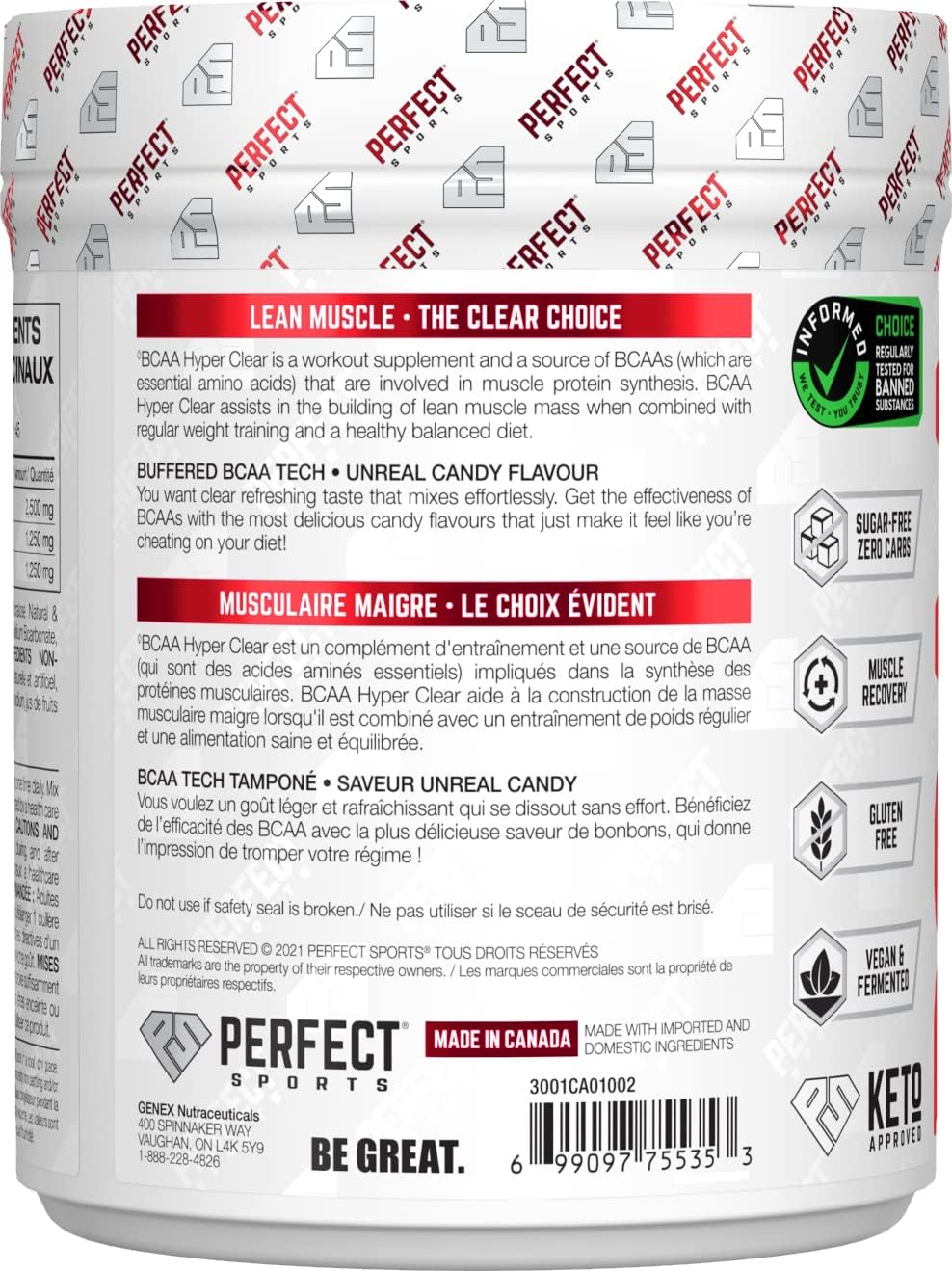 PERFECT Sports BCAA Hyper Clear, 5G Vegan Bcaas, Sugar-Free, Zero Carbs, Gluten Free, Keto-Approved, Intra Workout, Post Workout for Endurance & Recovery - (45 Servings, 306G)