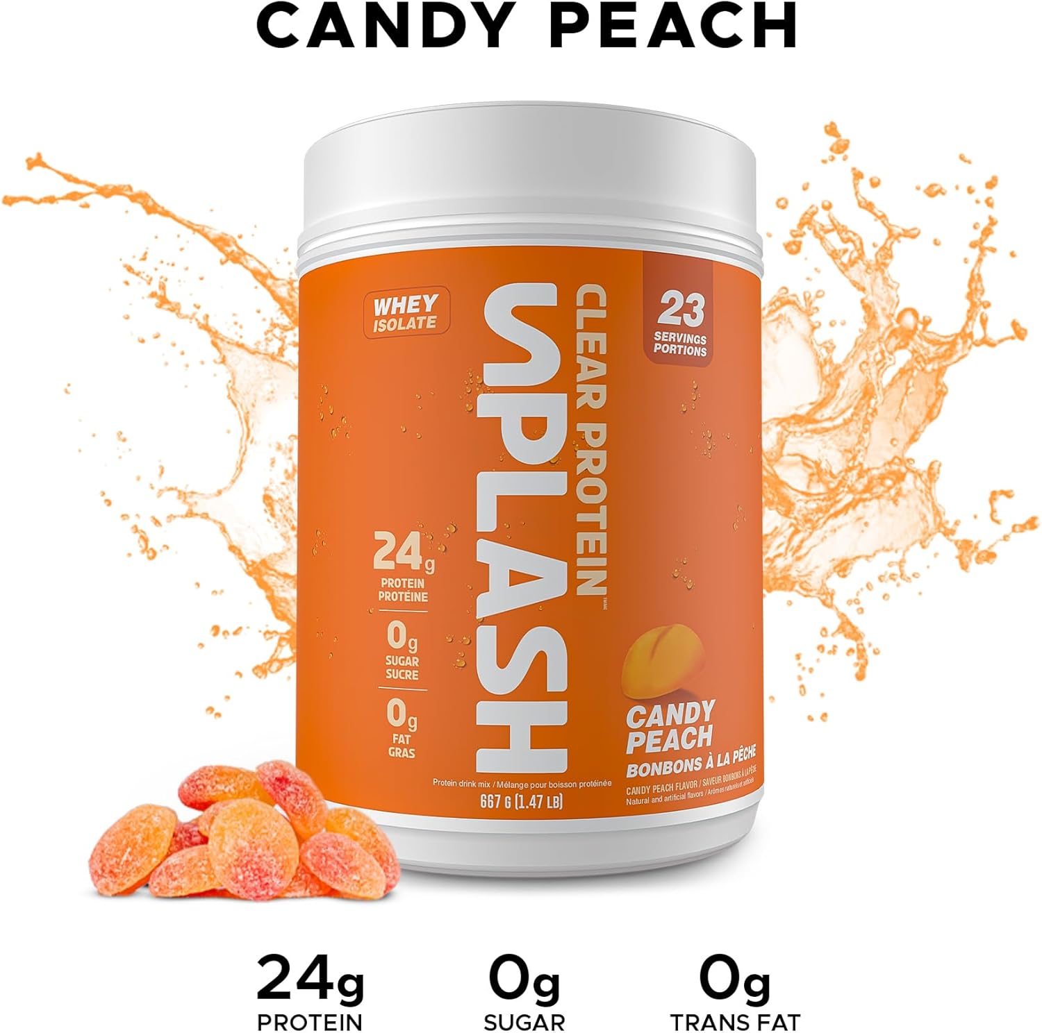 Revolution Nutrition, Splash Clear Protein, Clear Whey Protein Powder, Juice-Type, Collagen, 24G of Protein per Scoop, Zero Sugar, Zero Carb, 667G, 23 Servings (Candy Peach, 1.47 Pound)