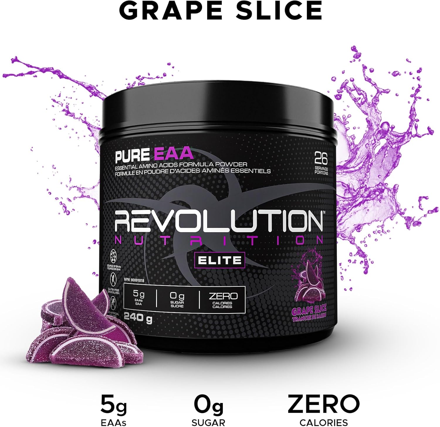 Revolution Nutrition, Pure EAA Powder, Essential Amino Acid, Post Workout, Zero Calorie, Zero Sugar, Gluten Free, Enhanced with Electrolytes, 5G Eaas, 240 G, 26 Servings (Grape Slice, 0.53 Pound)