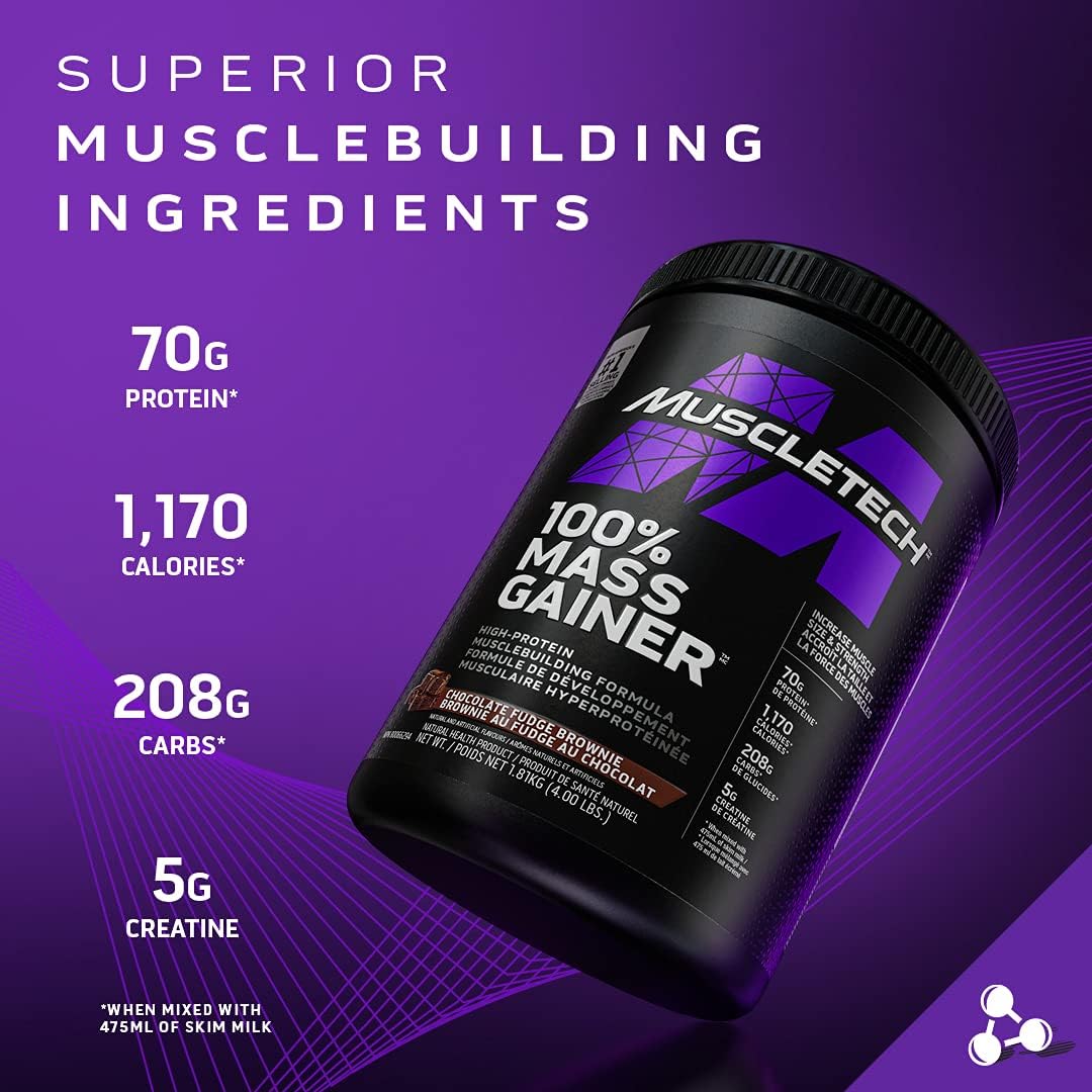 Muscletech Mass Gainer, Muscletech 100% Mass Gainer Protein Powder, Protein Powder for Muscle Gain, Whey Protein + Muscle Builder, Weight Gainer Protein Powder, Creatine Supplements, Chocolate Fudge Brownie, 4 Pounds