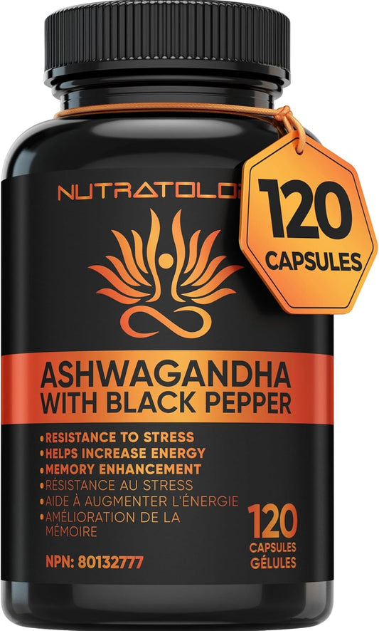 Nutratology Organic Ashwagandha | Canadian-Made | Increases Resistance to Stress & Supports Memory Enhancement - with Black Pepper for Enhanced Absorption | 650MG Ashwagandha per Capsule - 120 Capsule