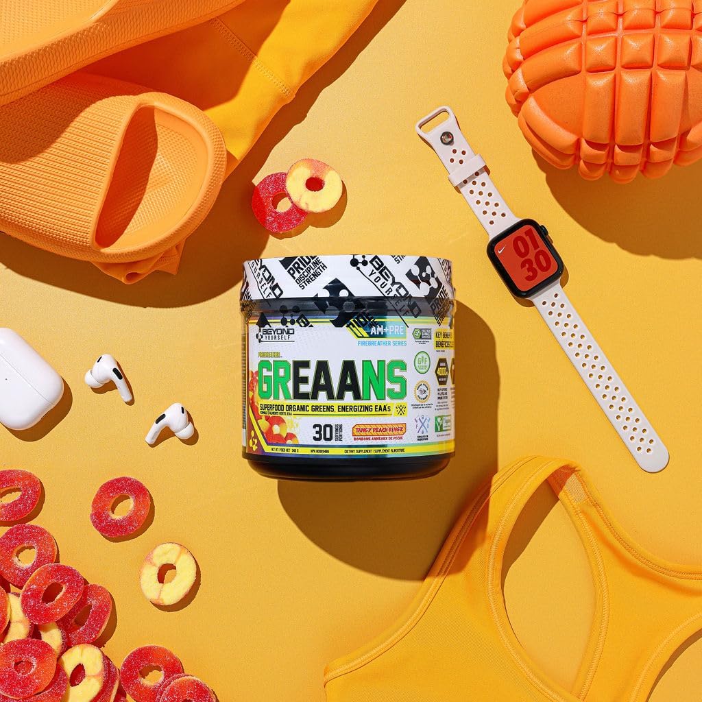 Beyond Yourself - Greaans Superfood Greens and EAA Blend | 4000Mg Organic Superfood, 2625Mg Vegan Eaas | Sugar-Free, Zero Calories, No Synthetic Additives | Optimizes Health, Performance, and Recovery | Tangy Peach Ringz