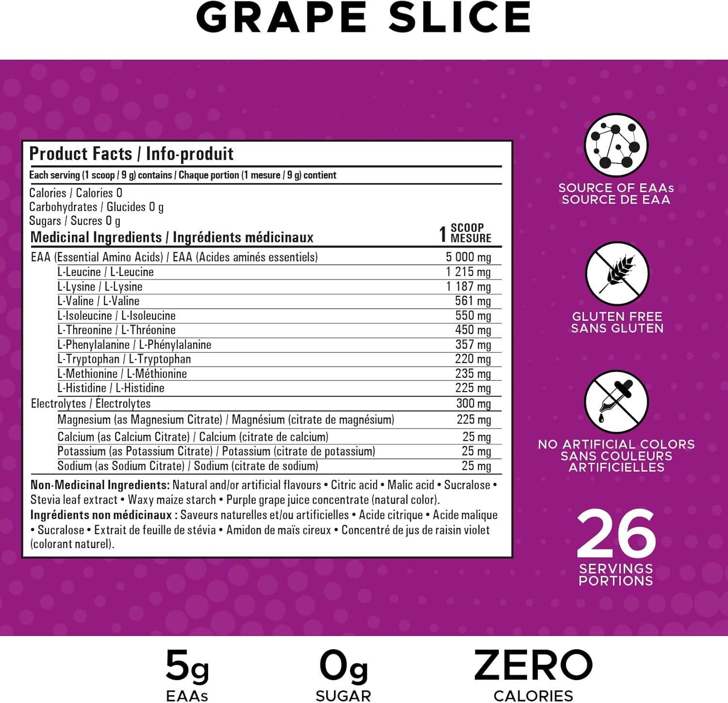 Revolution Nutrition, Pure EAA Powder, Essential Amino Acid, Post Workout, Zero Calorie, Zero Sugar, Gluten Free, Enhanced with Electrolytes, 5G Eaas, 240 G, 26 Servings (Grape Slice, 0.53 Pound)