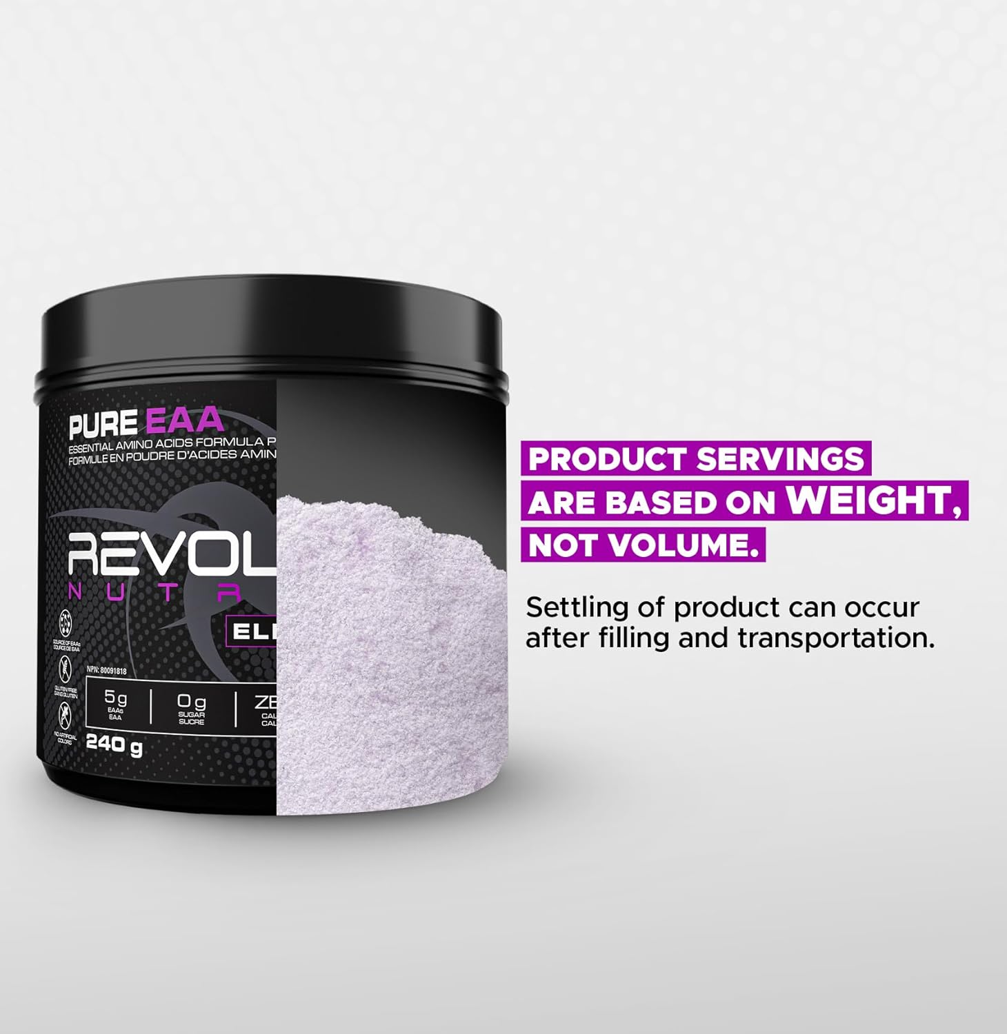Revolution Nutrition, Pure EAA Powder, Essential Amino Acid, Post Workout, Zero Calorie, Zero Sugar, Gluten Free, Enhanced with Electrolytes, 5G Eaas, 240 G, 26 Servings (Grape Slice, 0.53 Pound)