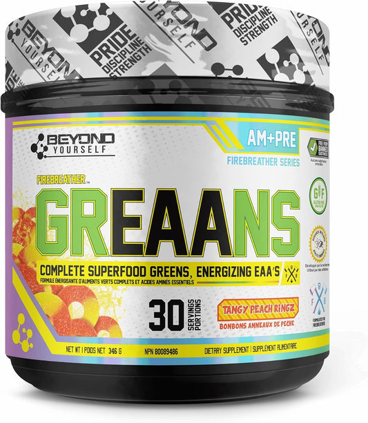 Beyond Yourself - Greaans Superfood Greens and EAA Blend | 4000Mg Organic Superfood, 2625Mg Vegan Eaas | Sugar-Free, Zero Calories, No Synthetic Additives | Optimizes Health, Performance, and Recovery | Tangy Peach Ringz