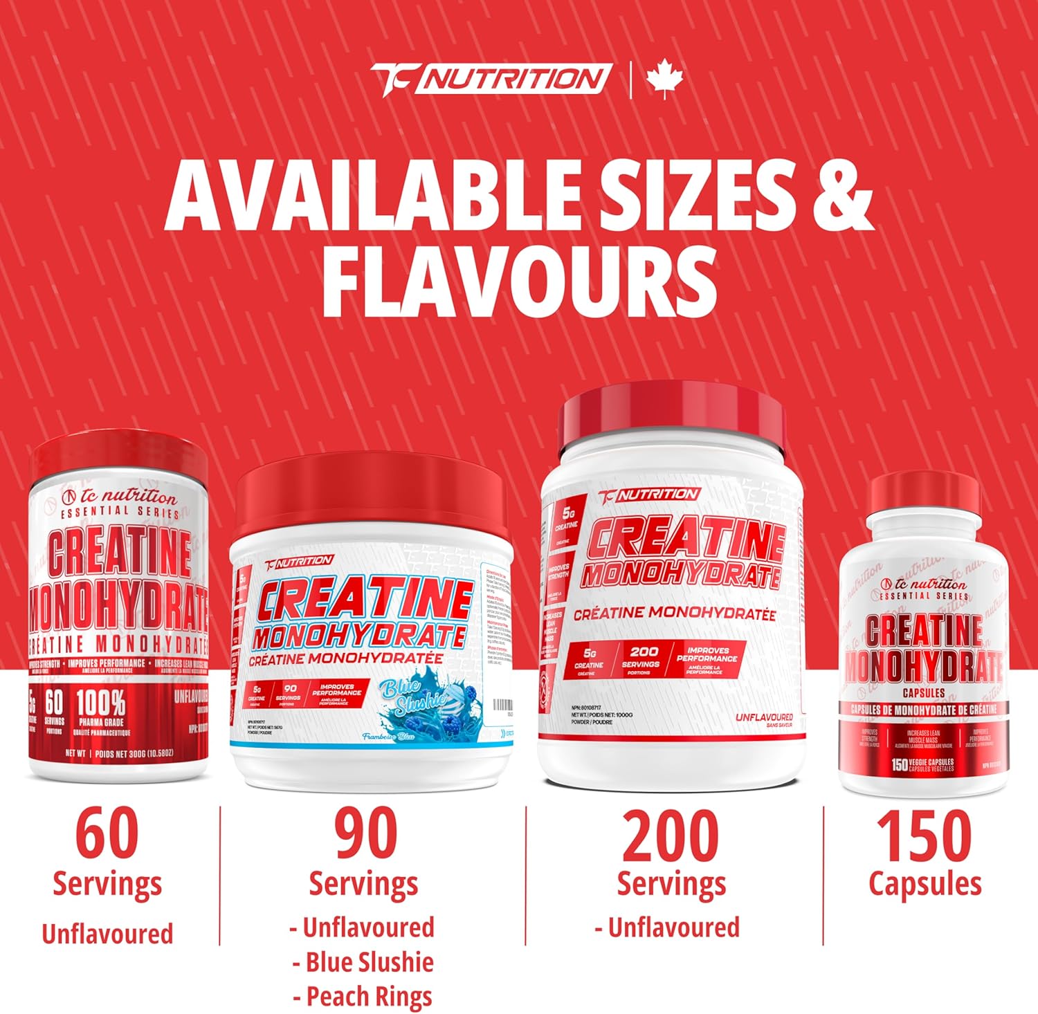 TC Nutrition Creatine Monohydrate Powder 5G - 90 Servings - Pure Creatine Powder for Increased Strength, Muscle Growth, Improved Endurance and Performance - Post Workout Muscle Builder for Men & Women - Peach Rings - Proudly Canadian