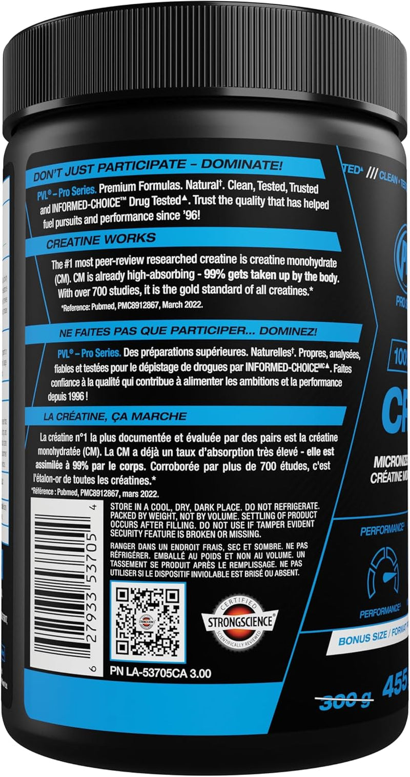 PVL 100% Pure Creatine - Creatine Monohydrate Micronized Powder - Creatine Powder Supplement for Enhanced High-Intensity Performance (455 G)