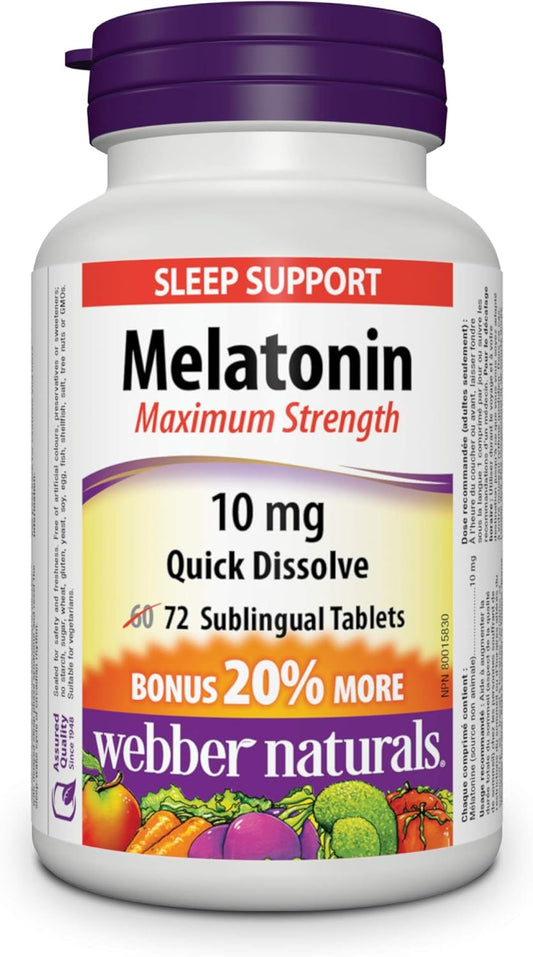Webber Naturals Melatonin 10 Mg Maximum Strength, 72 Quick Dissolve Tablets, for Sleep Support, Vegetarian