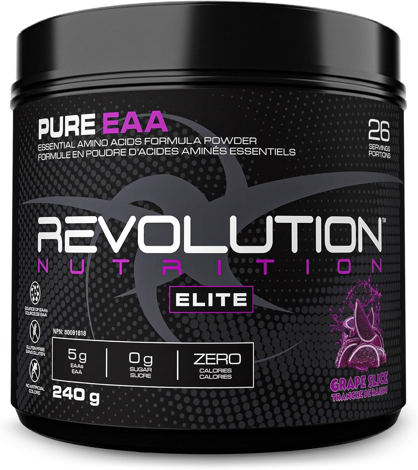 Revolution Nutrition, Pure EAA Powder, Essential Amino Acid, Post Workout, Zero Calorie, Zero Sugar, Gluten Free, Enhanced with Electrolytes, 5G Eaas, 240 G, 26 Servings (Grape Slice, 0.53 Pound)