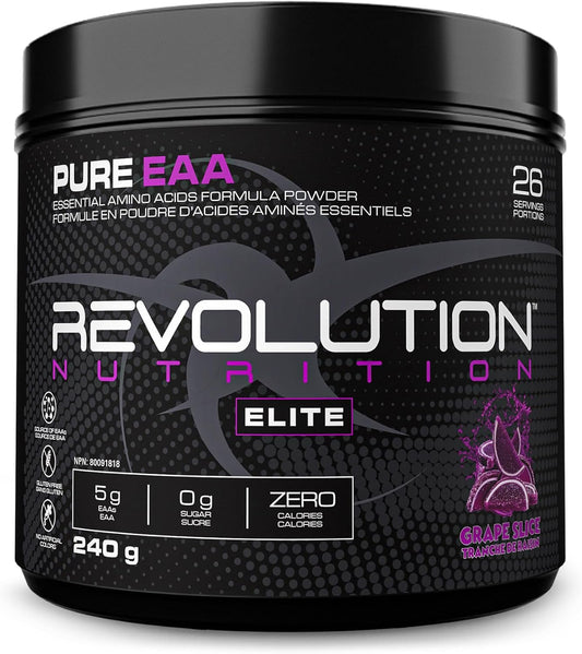 Revolution Nutrition, Pure EAA Powder, Essential Amino Acid, Post Workout, Zero Calorie, Zero Sugar, Gluten Free, Enhanced with Electrolytes, 5G Eaas, 240 G, 26 Servings (Grape Slice, 0.53 Pound)