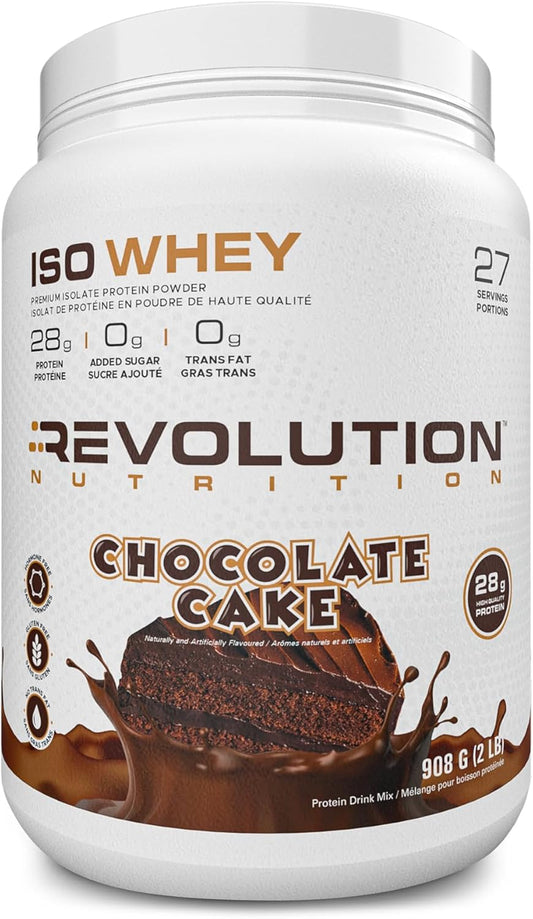 Revolution Nutrition, Iso Whey, Protein Powder, 100% Isolate, Premium Formula, Gluten Free, Low Carb, Promoting Lean Muscle Growth in Men & Women, 28G of Protein per Scoop, 908G, 27 Servings (Chocolate Cake, 2 Pound)